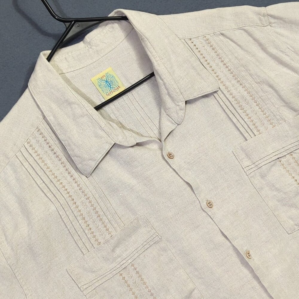 Dos Carolinas Shirt Men's Measures 34x35 Beige Linen Embroidered Guayabera